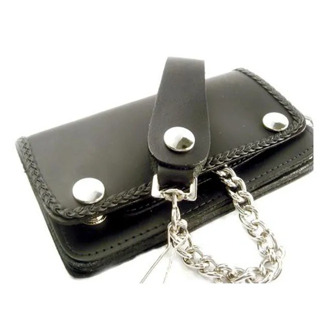 Amigaz Schwarzes Leder geflochtene Kante Biker Kette Brieftasche